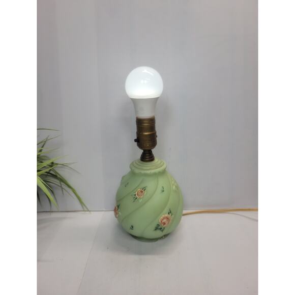 Vintage Lt Green Lamp Glass Boudoir Vanity, Rose Swirl, Reverse Paint (Chip) - Picture 2 of 6